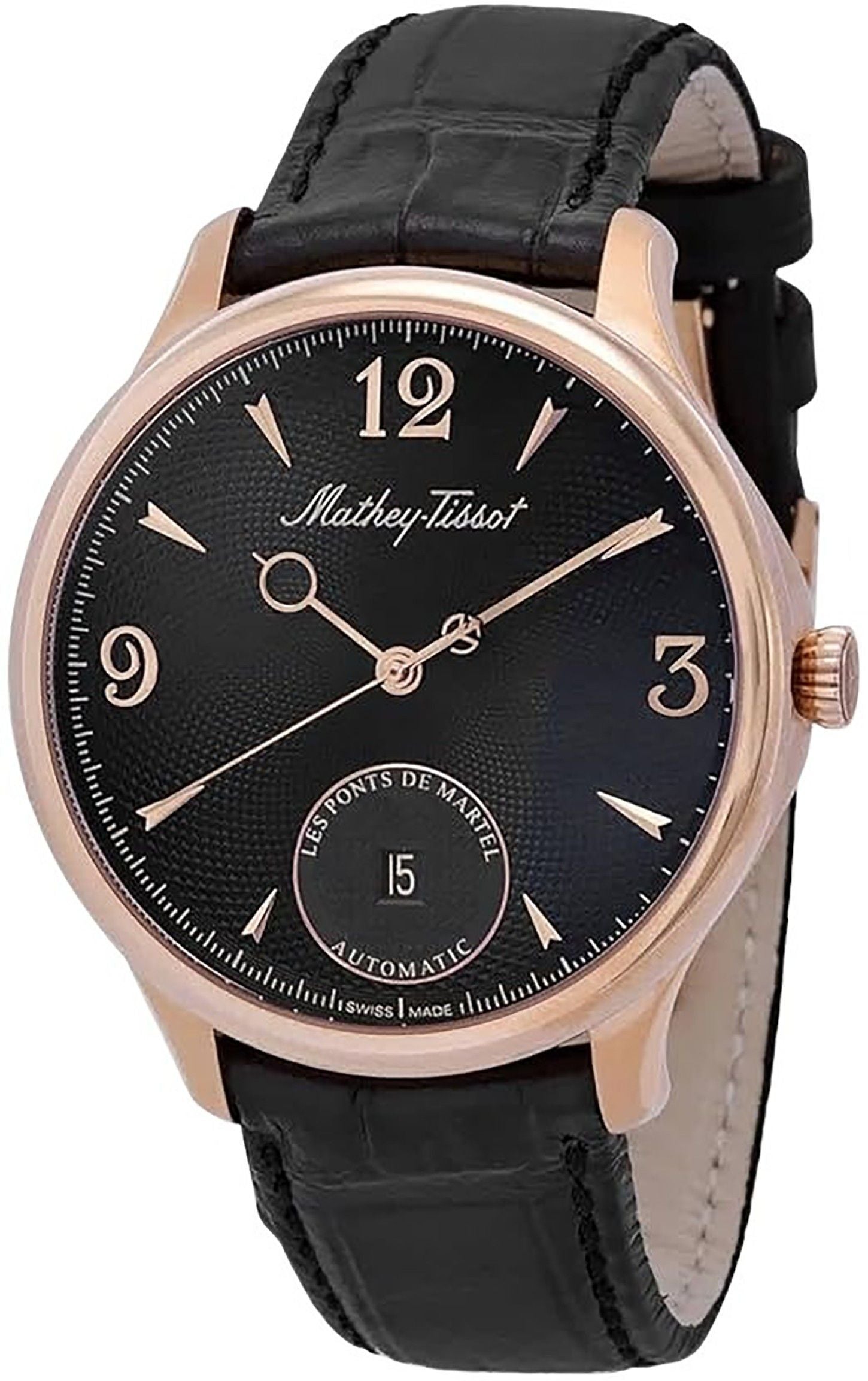 Mathey-Tissot Automatic movement Black Leather Male AC1886CN.-.MT. A brand-new Mathey-Tissot watch featuring a Black dial and a Leather strap. Angled view.