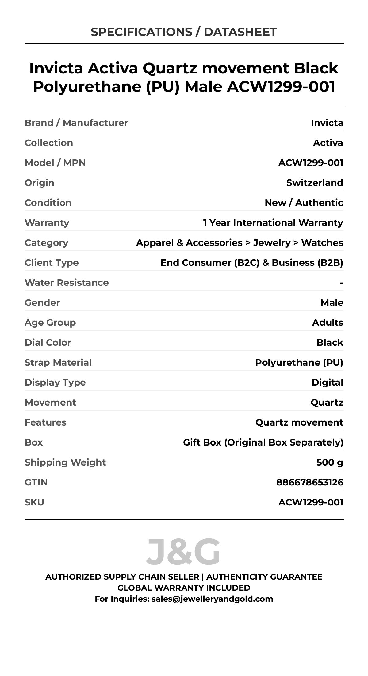 Invicta Activa Quartz movement Black Polyurethane (PU) Male ACW1299-001 - Specifications
