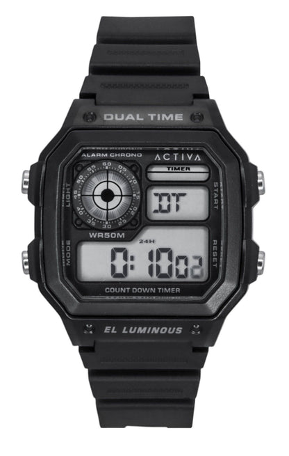 Invicta Activa Quartz movement Black Polyurethane (PU) Male ACW1299-001. A brand-new Invicta Activa watch featuring a Black dial and a Polyurethane (PU) strap. Front view.