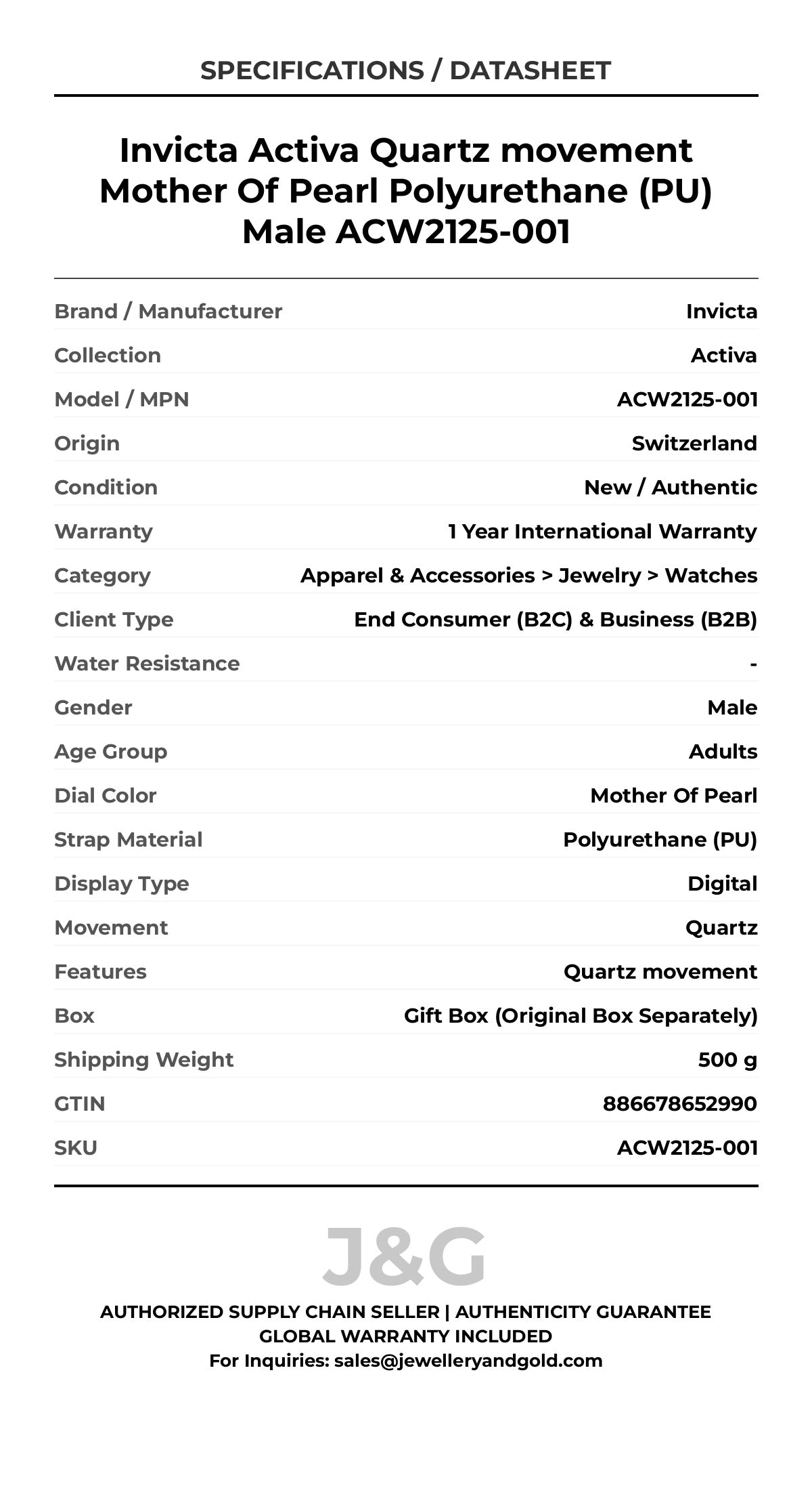 Invicta Activa Quartz movement Mother Of Pearl Polyurethane (PU) Male ACW2125-001 - Specifications