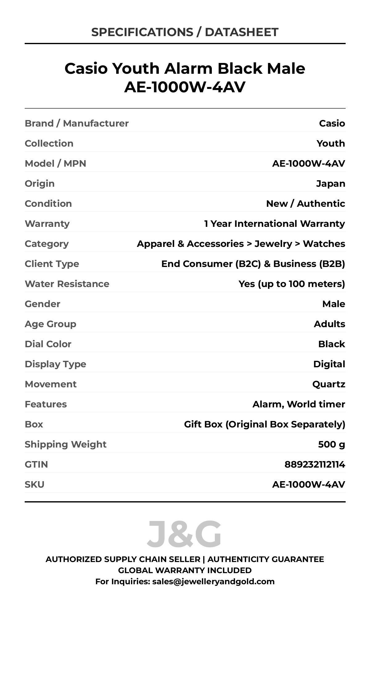 Casio Youth Alarm Black Male AE-1000W-4AV - Specifications