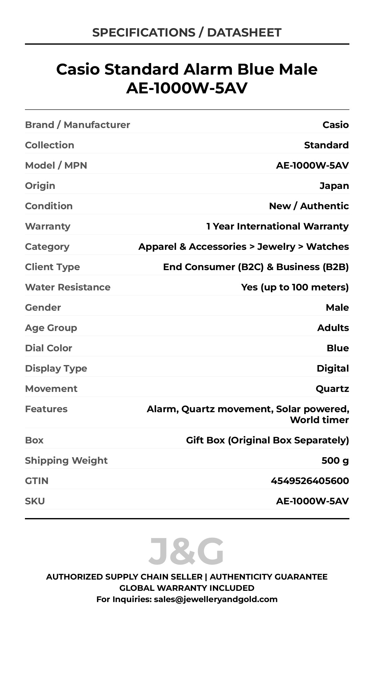 Casio Standard Alarm Blue Male AE-1000W-5AV - Specifications