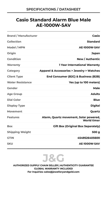 Casio Standard Alarm Blue Male AE-1000W-5AV - Specifications