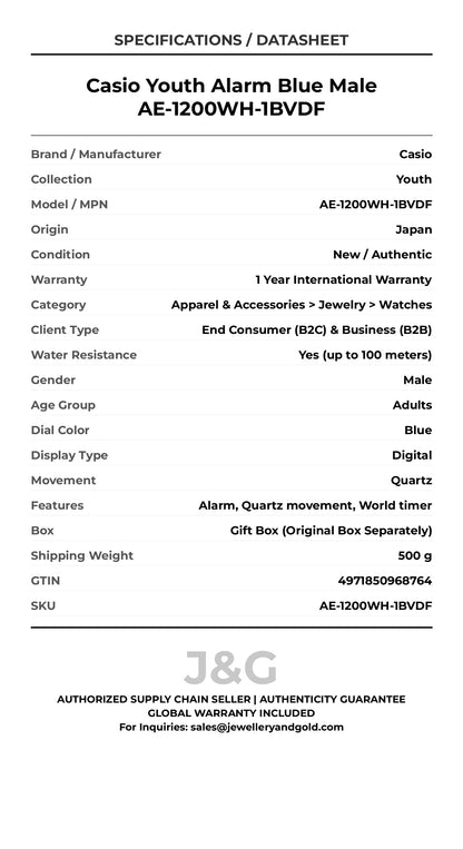 Casio Youth Alarm Blue Male AE-1200WH-1BVDF - Specifications