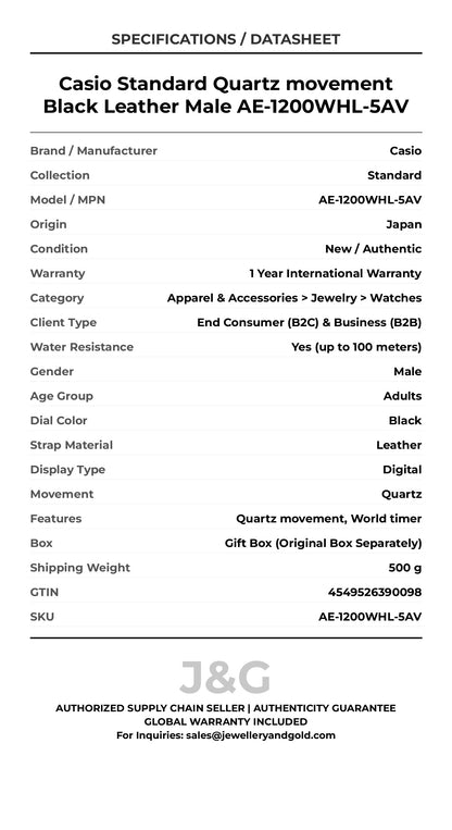 Casio Standard Quartz movement Black Leather Male AE-1200WHL-5AV - Specifications