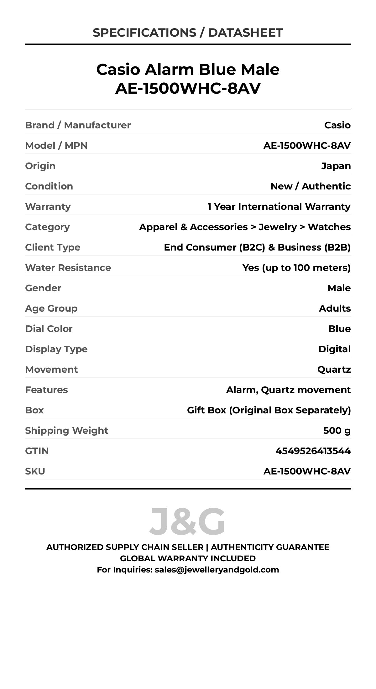 Casio Alarm Blue Male AE-1500WHC-8AV - Specifications