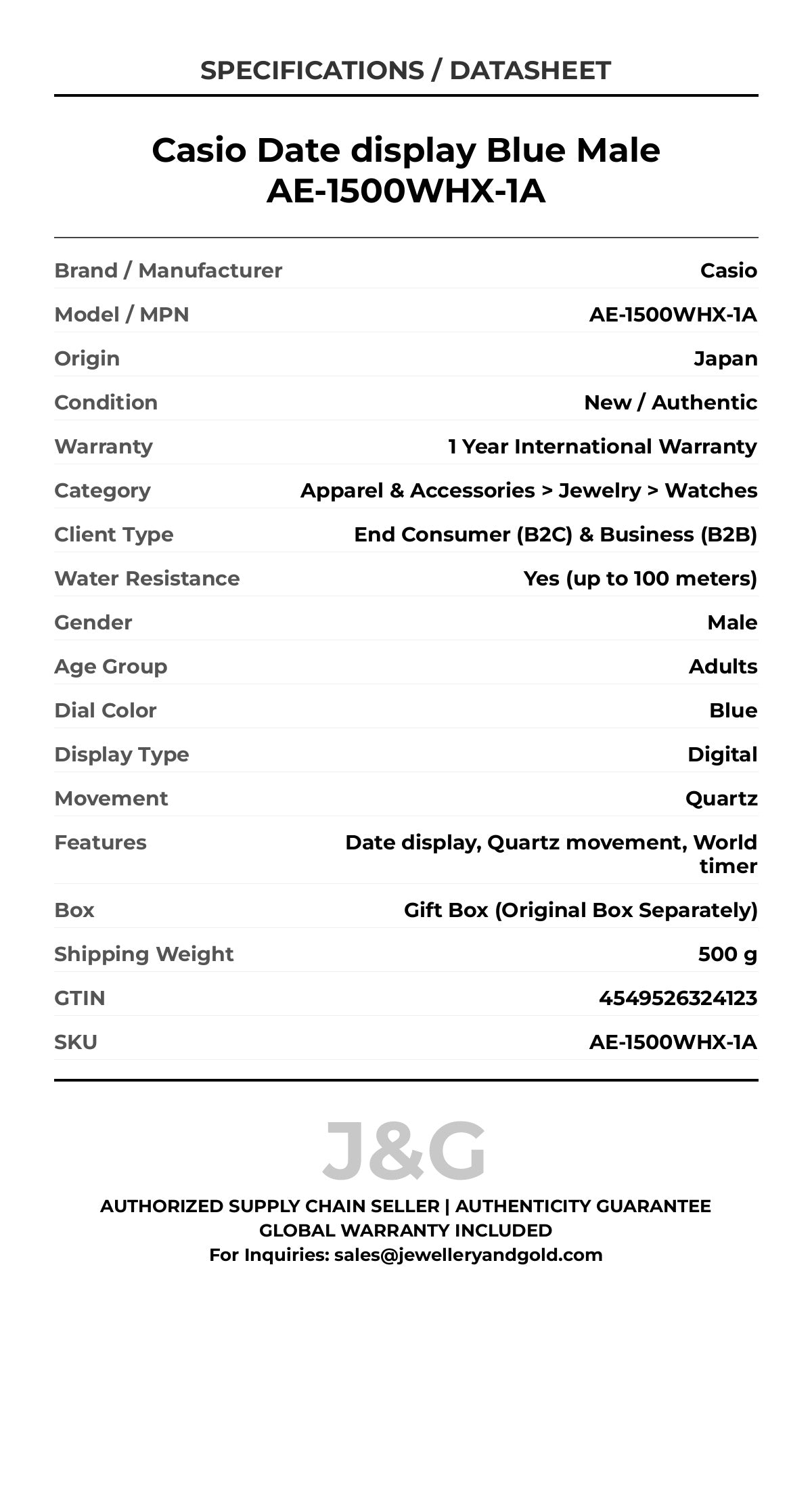 Casio Date display Blue Male AE-1500WHX-1A - Specifications
