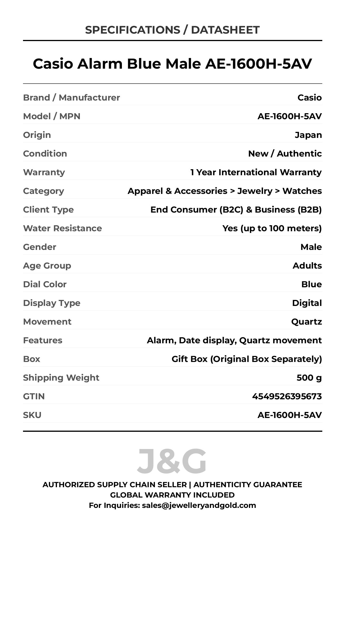 Casio Alarm Blue Male AE-1600H-5AV - Specifications
