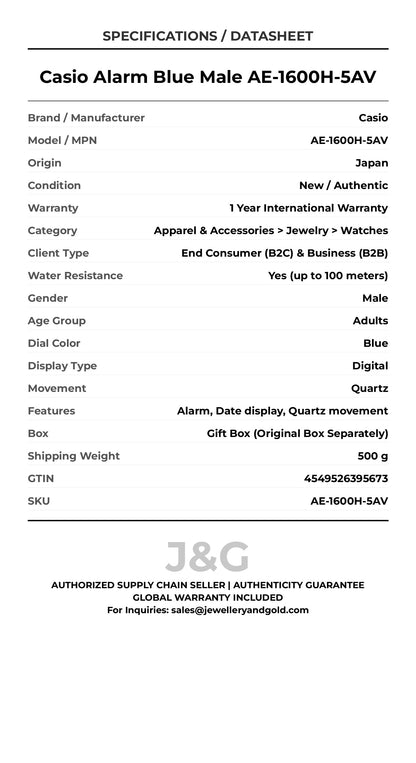 Casio Alarm Blue Male AE-1600H-5AV - Specifications