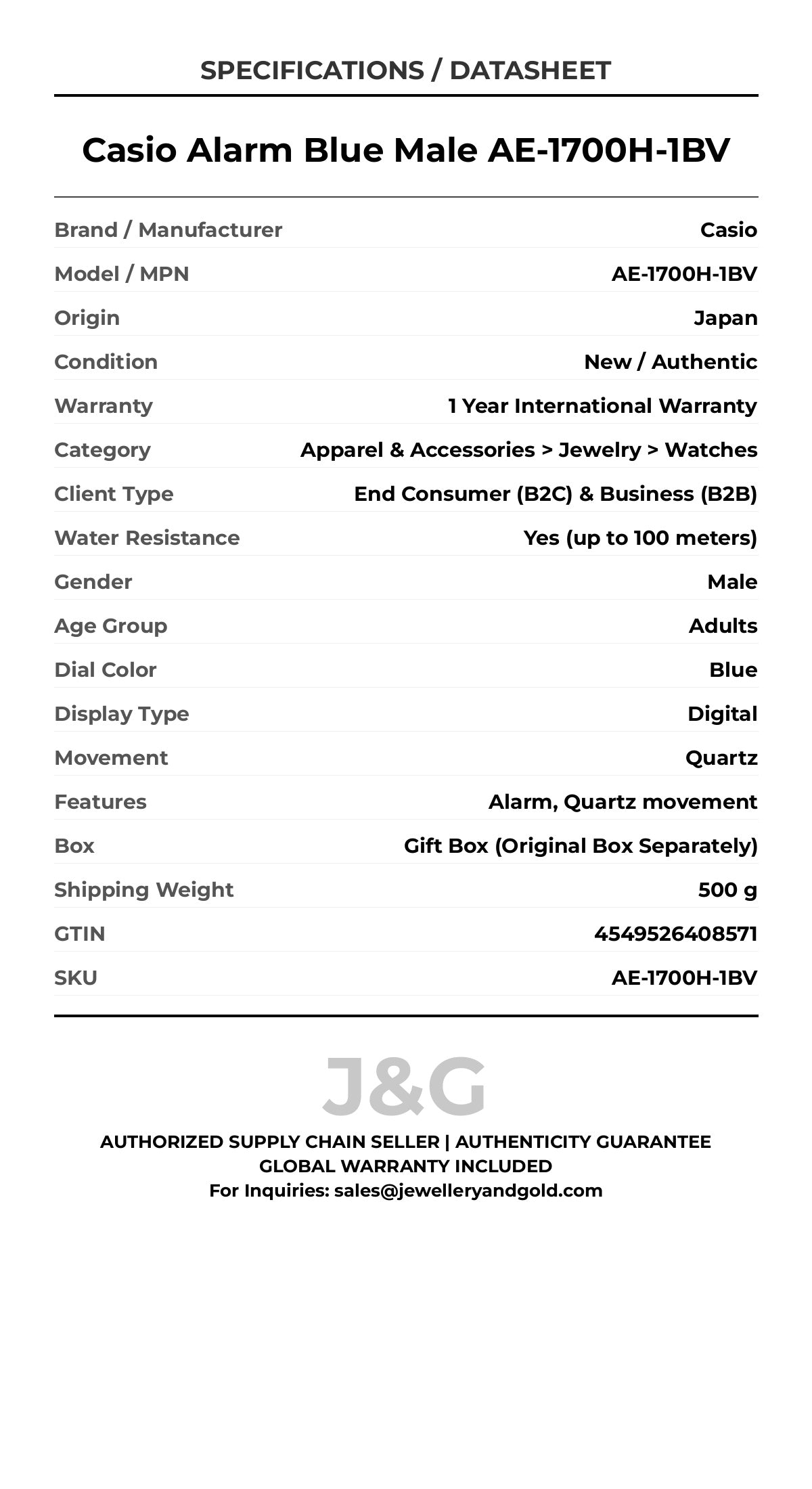 Casio Alarm Blue Male AE-1700H-1BV - Specifications