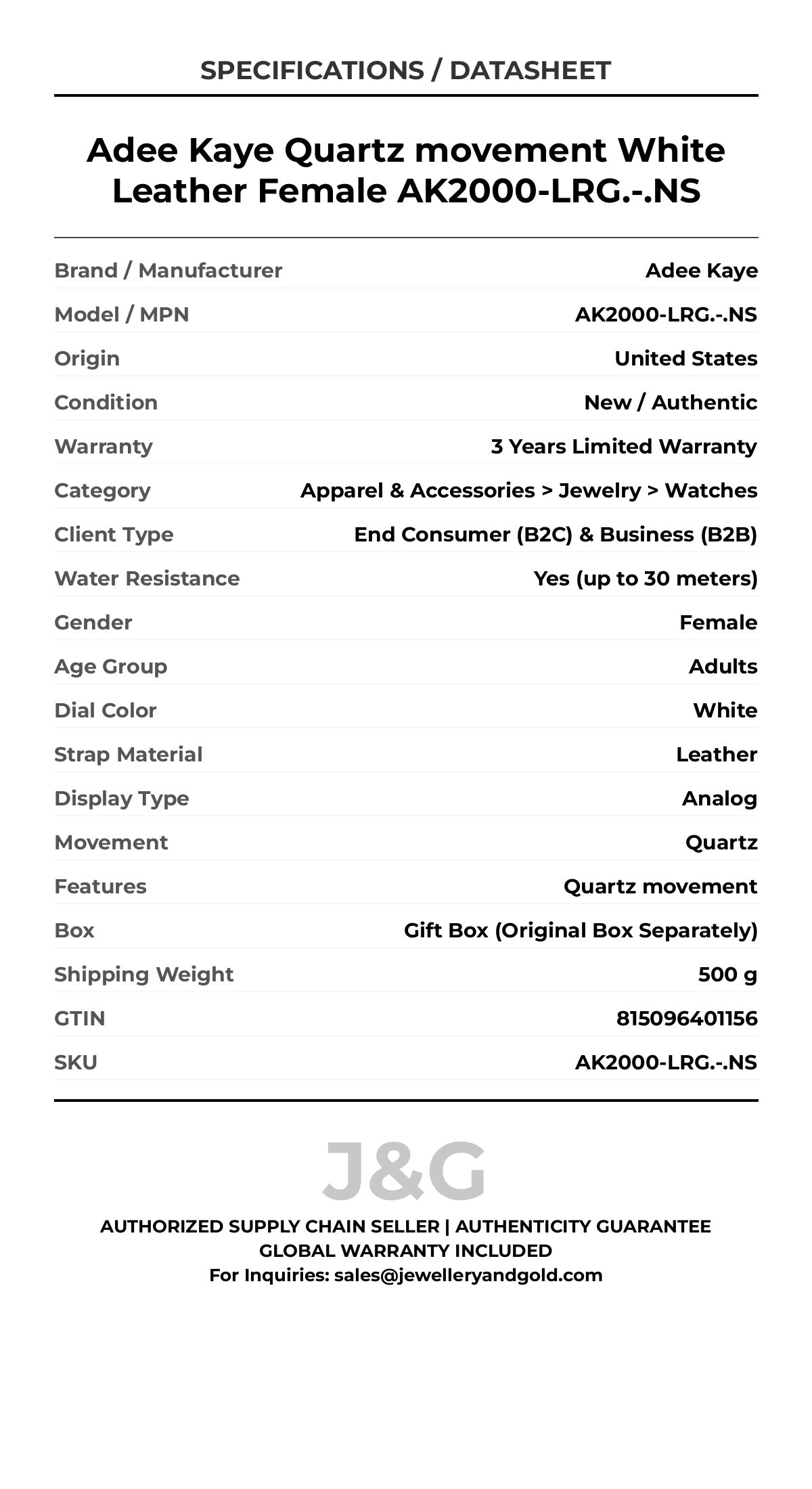 Adee Kaye Quartz movement White Leather Female AK2000-LRG.-.NS - Specifications