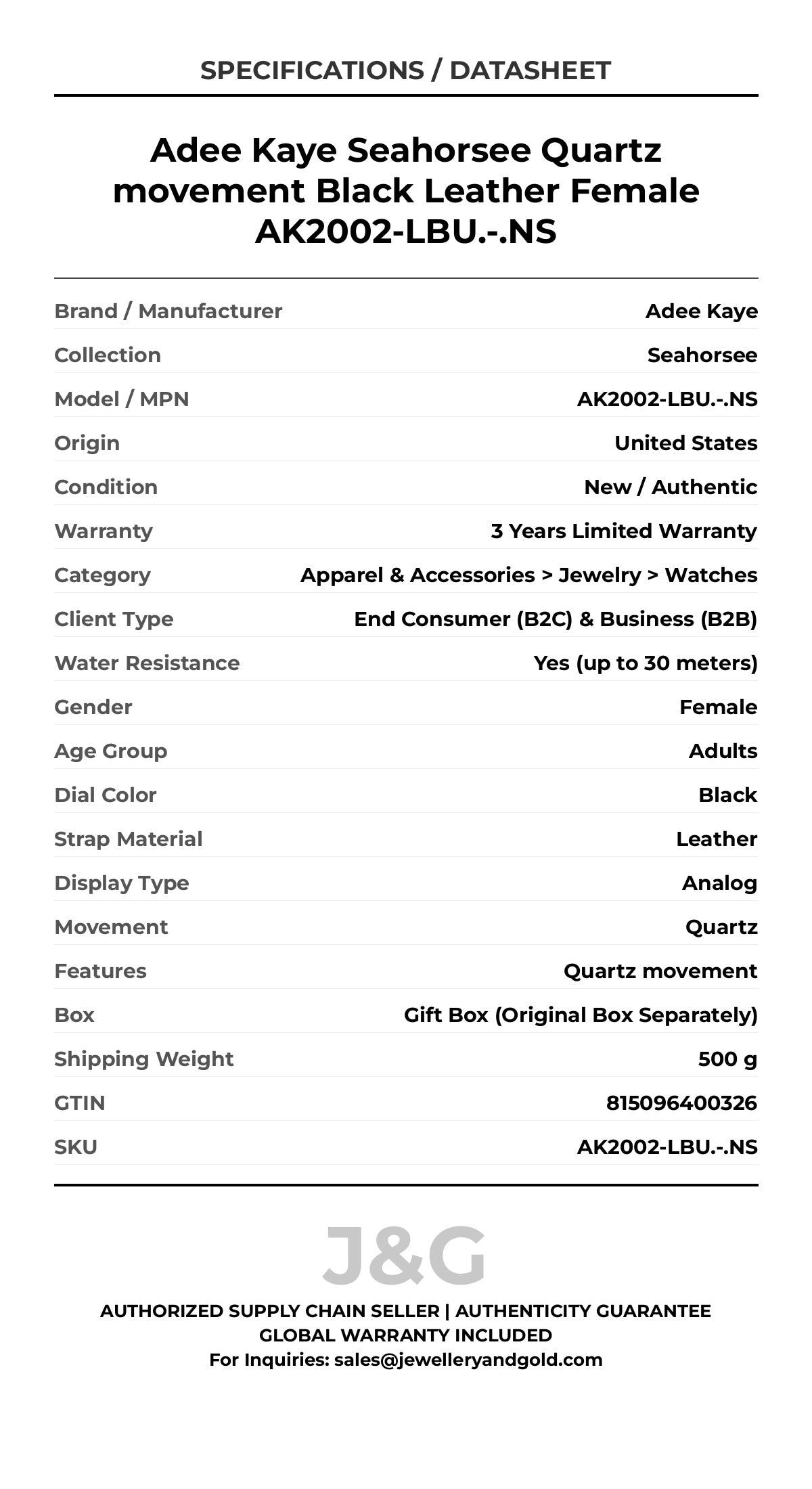 Adee Kaye Seahorsee Quartz movement Black Leather Female AK2002-LBU.-.NS - Specifications