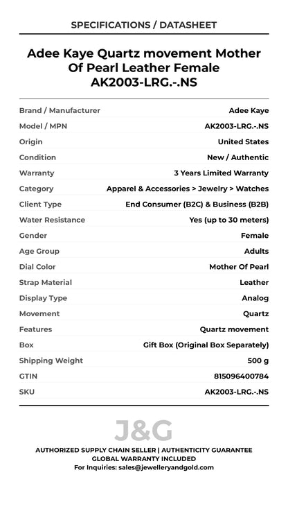Adee Kaye Quartz movement Mother Of Pearl Leather Female AK2003-LRG.-.NS - Specifications