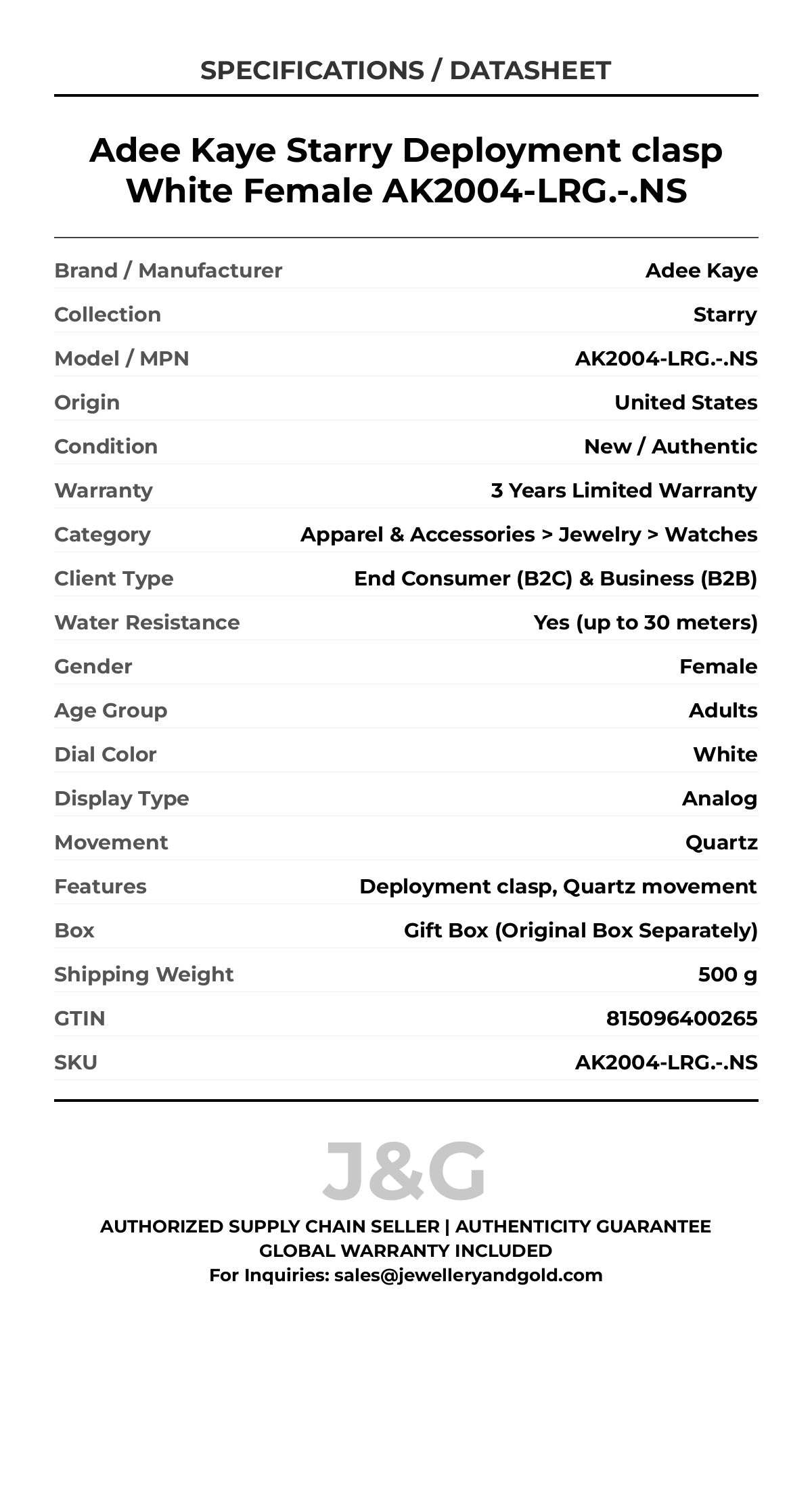 Adee Kaye Starry Deployment clasp White Female AK2004-LRG.-.NS - Specifications