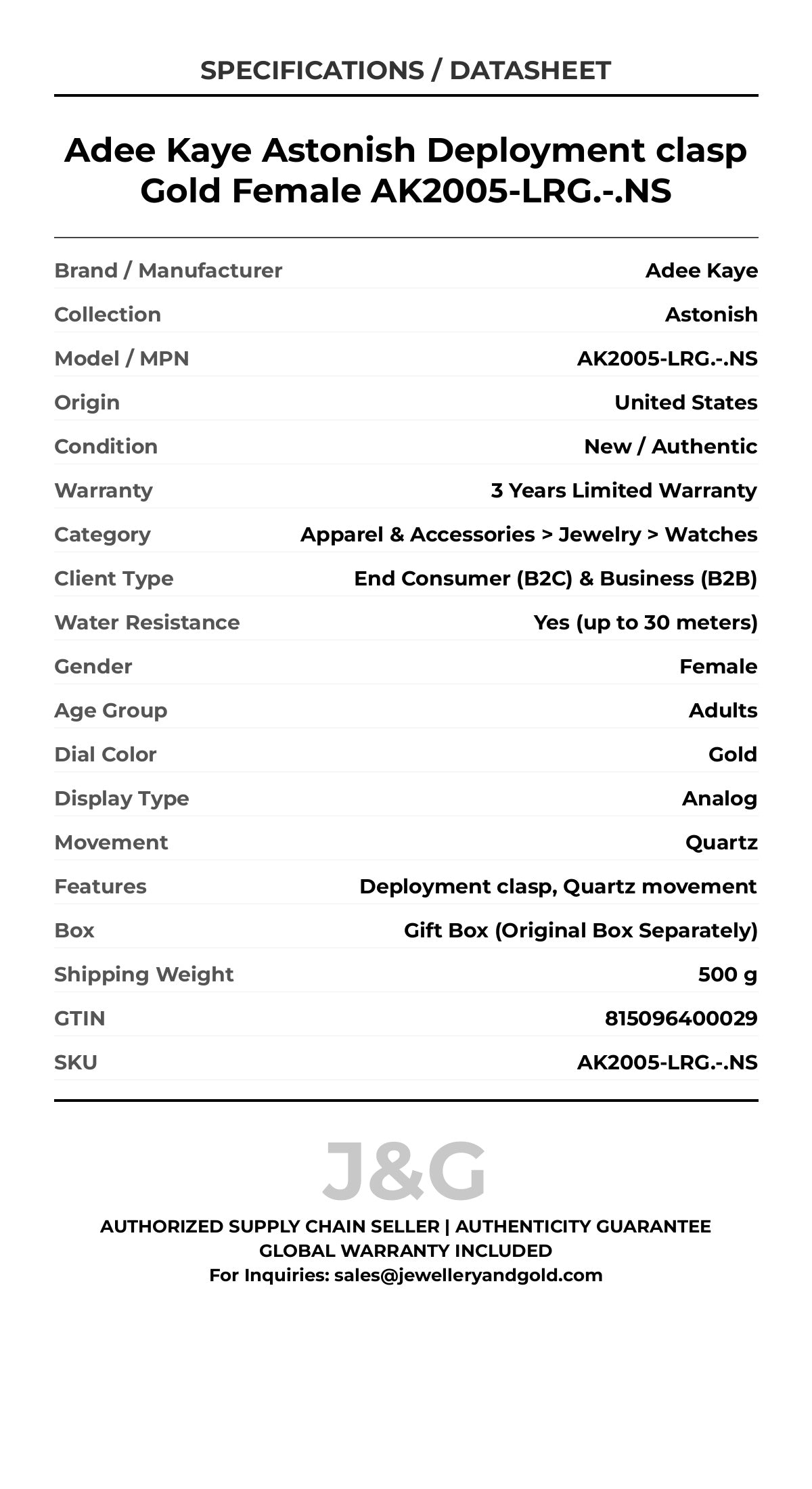 Adee Kaye Astonish Deployment clasp Gold Female AK2005-LRG.-.NS - Specifications