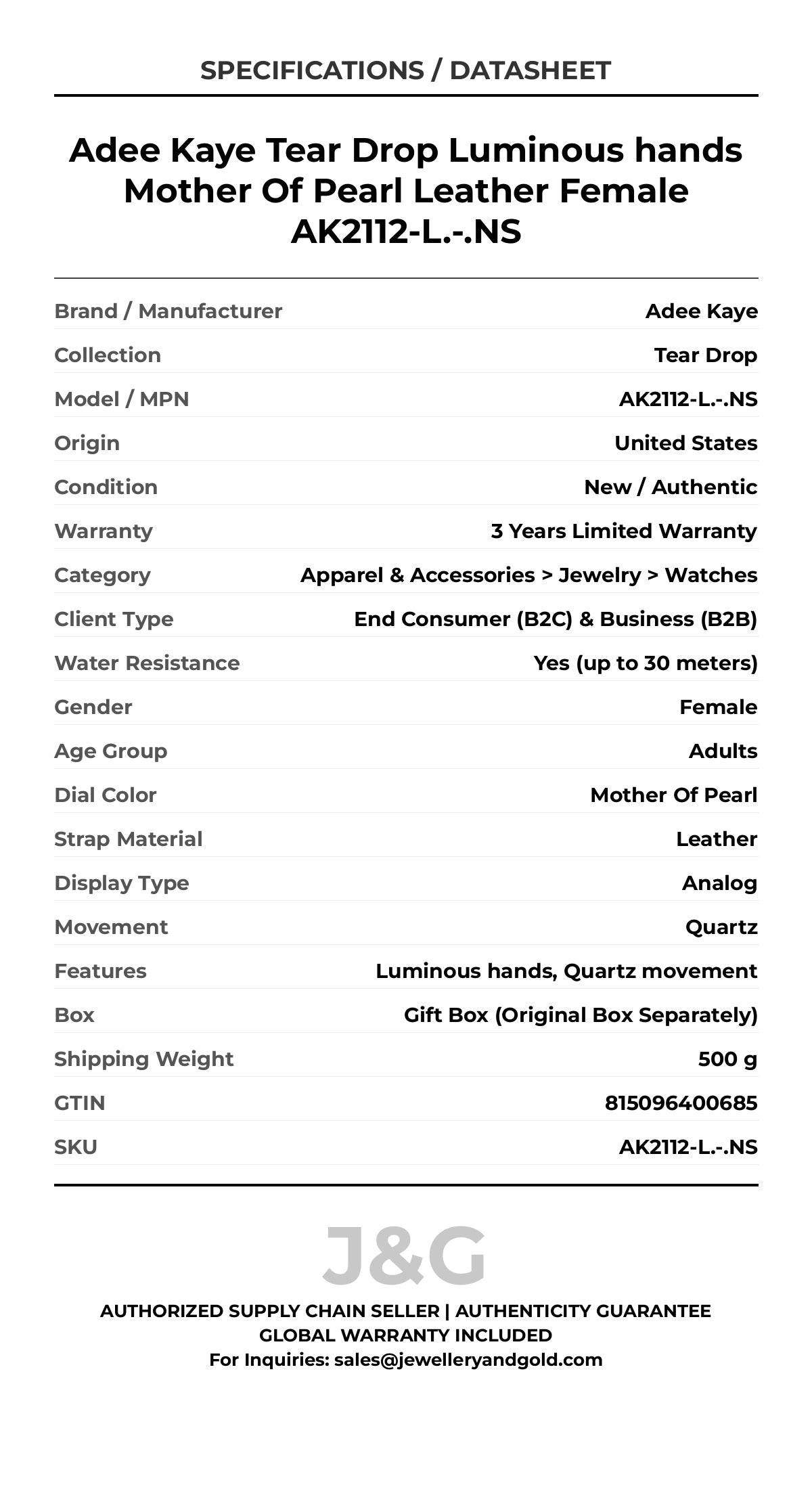 Adee Kaye Tear Drop Luminous hands Mother Of Pearl Leather Female AK2112-L.-.NS - Specifications