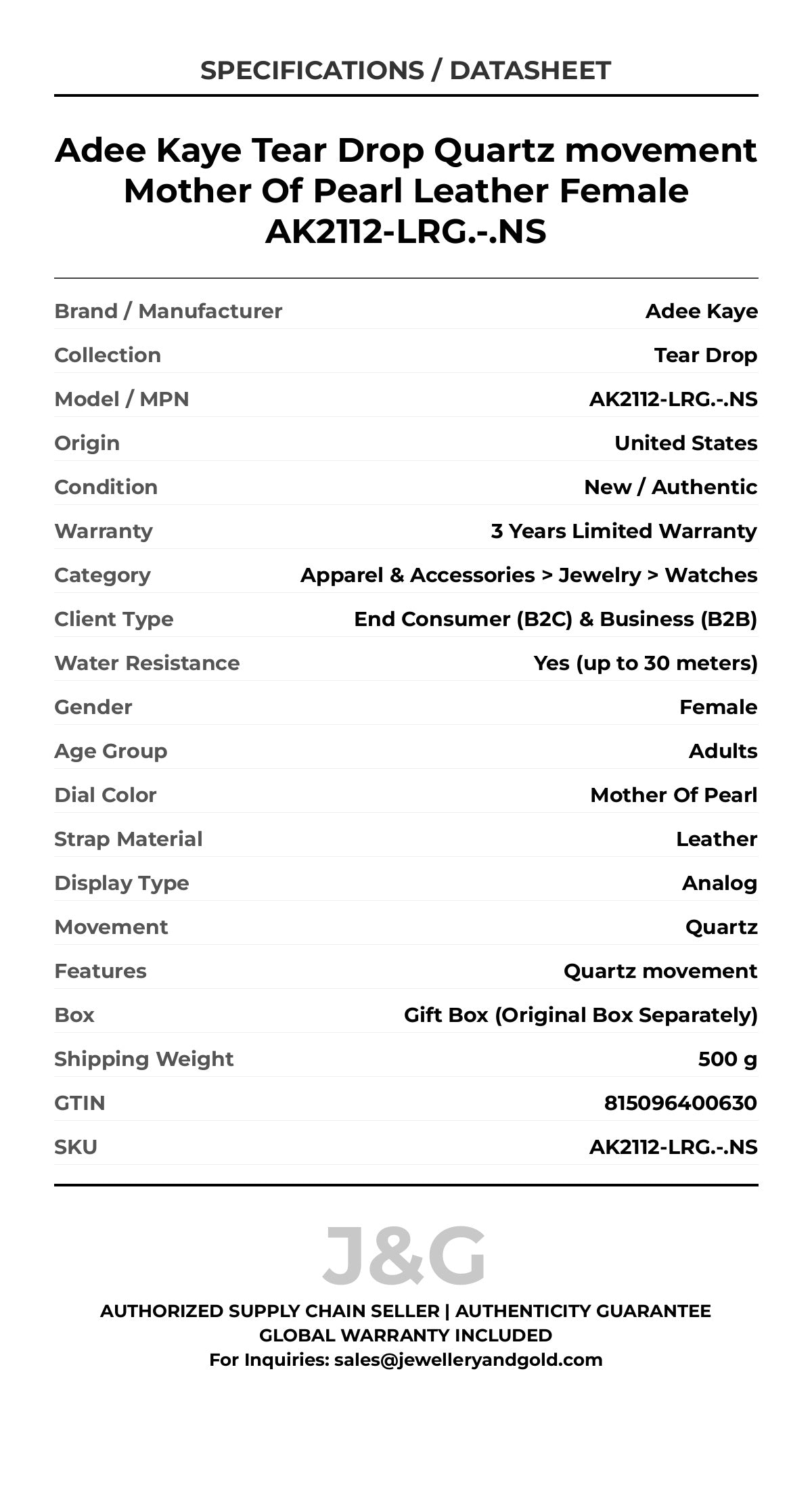 Adee Kaye Tear Drop Quartz movement Mother Of Pearl Leather Female AK2112-LRG.-.NS - Specifications