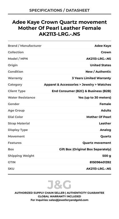 Adee Kaye Crown Quartz movement Mother Of Pearl Leather Female AK2113-LRG.-.NS - Specifications