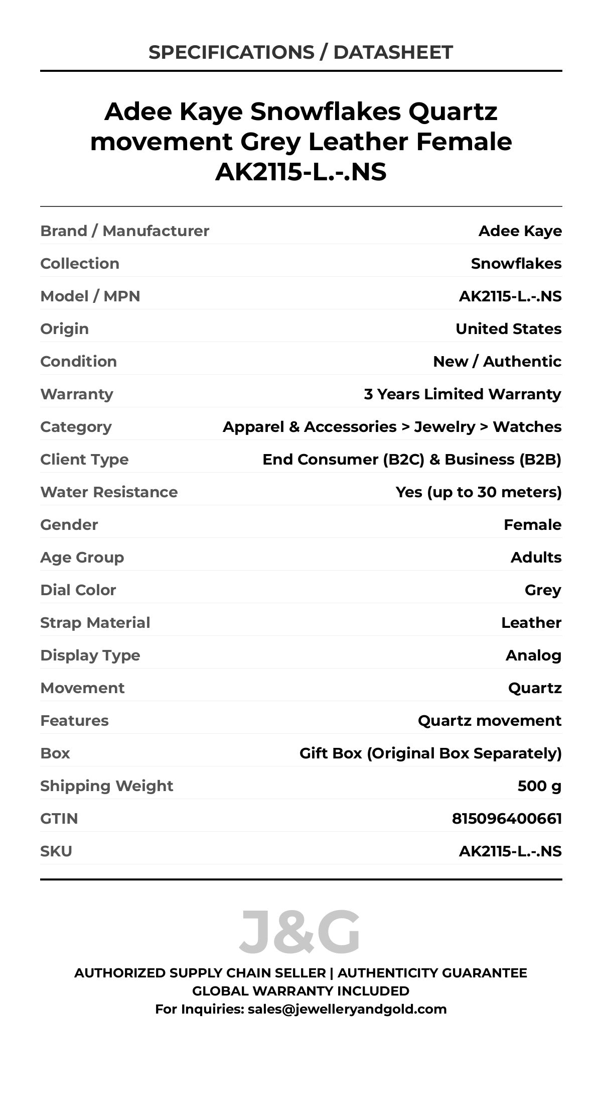 Adee Kaye Snowflakes Quartz movement Grey Leather Female AK2115-L.-.NS - Specifications