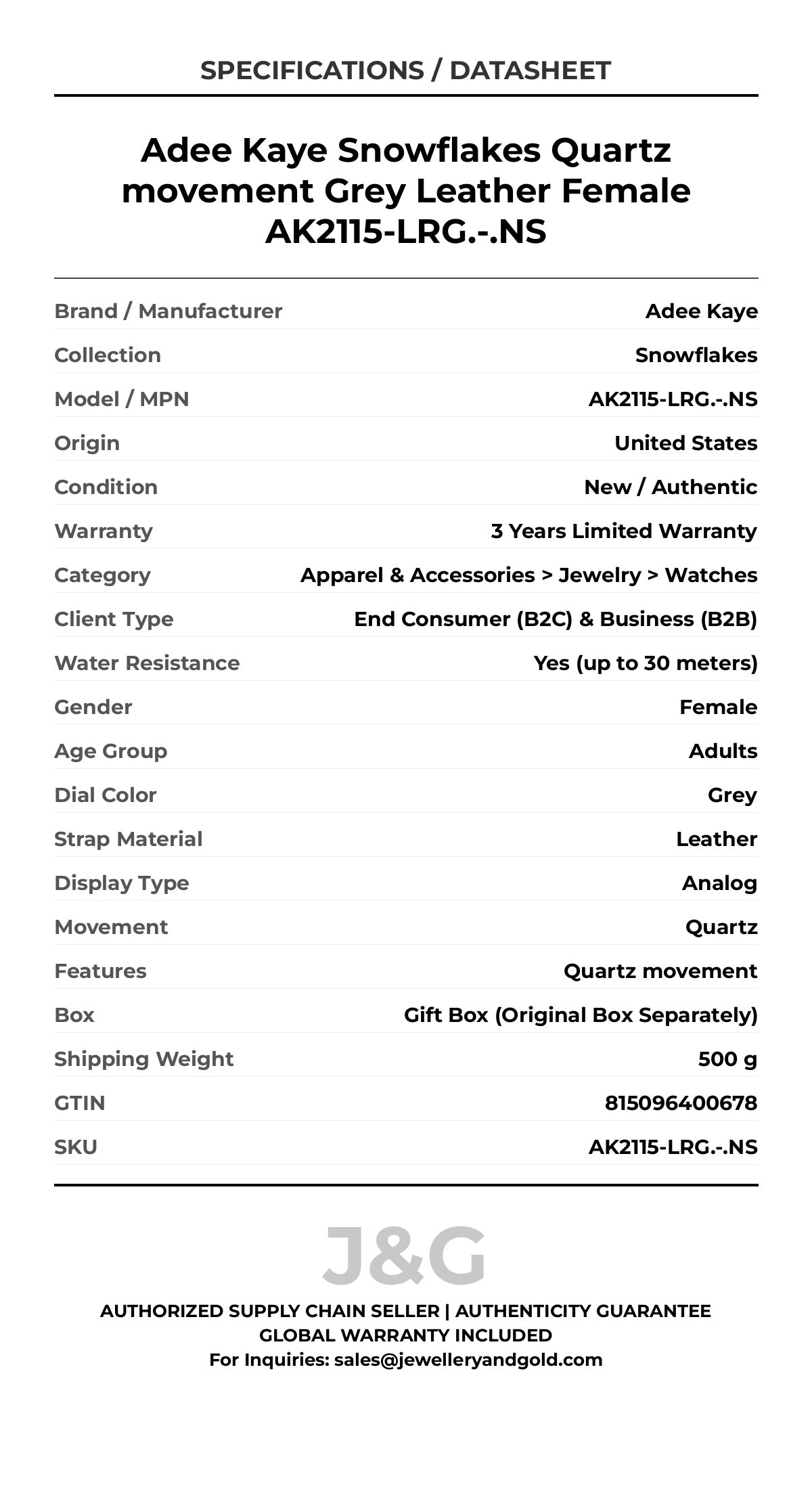 Adee Kaye Snowflakes Quartz movement Grey Leather Female AK2115-LRG.-.NS - Specifications