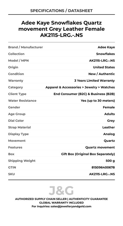 Adee Kaye Snowflakes Quartz movement Grey Leather Female AK2115-LRG.-.NS - Specifications