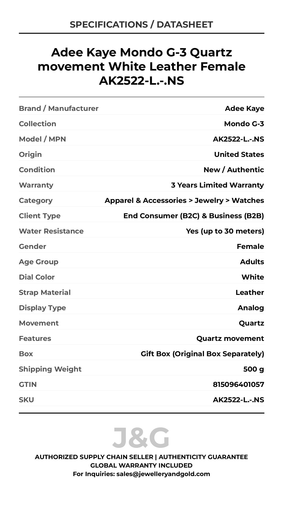 Adee Kaye Mondo G-3 Quartz movement White Leather Female AK2522-L.-.NS - Specifications