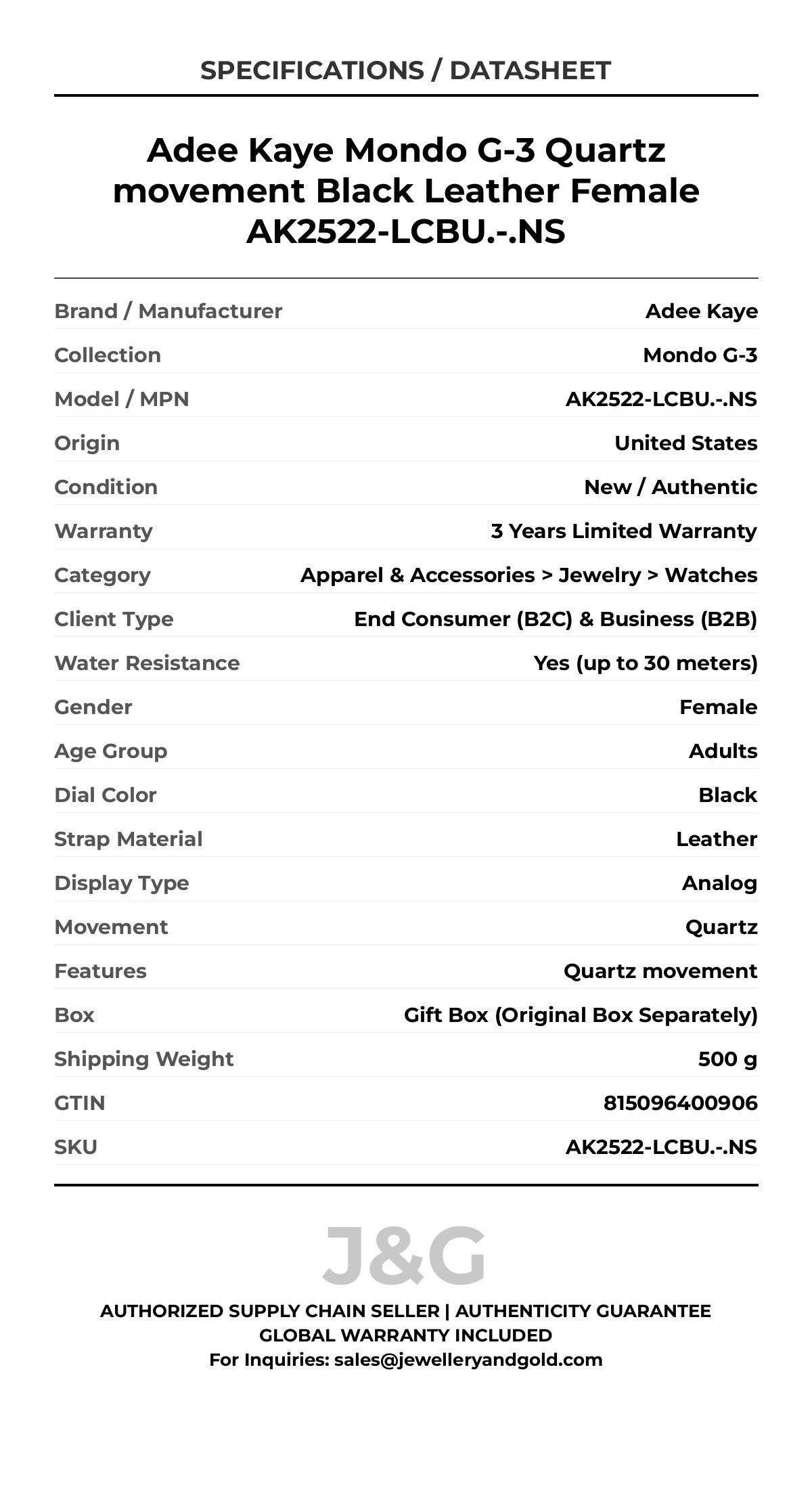 Adee Kaye Mondo G-3 Quartz movement Black Leather Female AK2522-LCBU.-.NS - Specifications