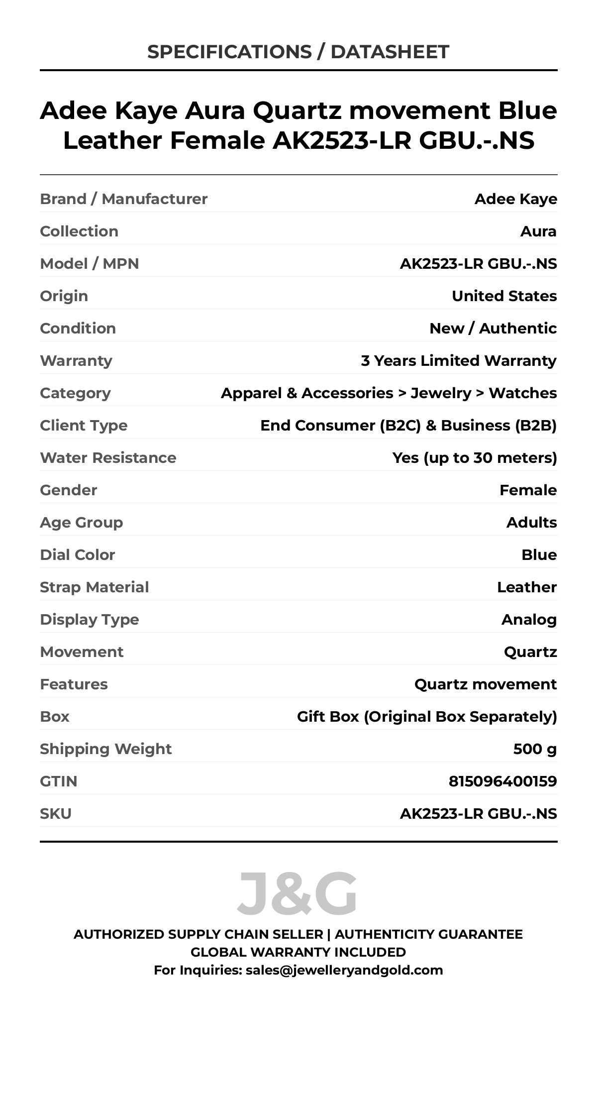 Adee Kaye Aura Quartz movement Blue Leather Female AK2523-LR GBU.-.NS - Specifications