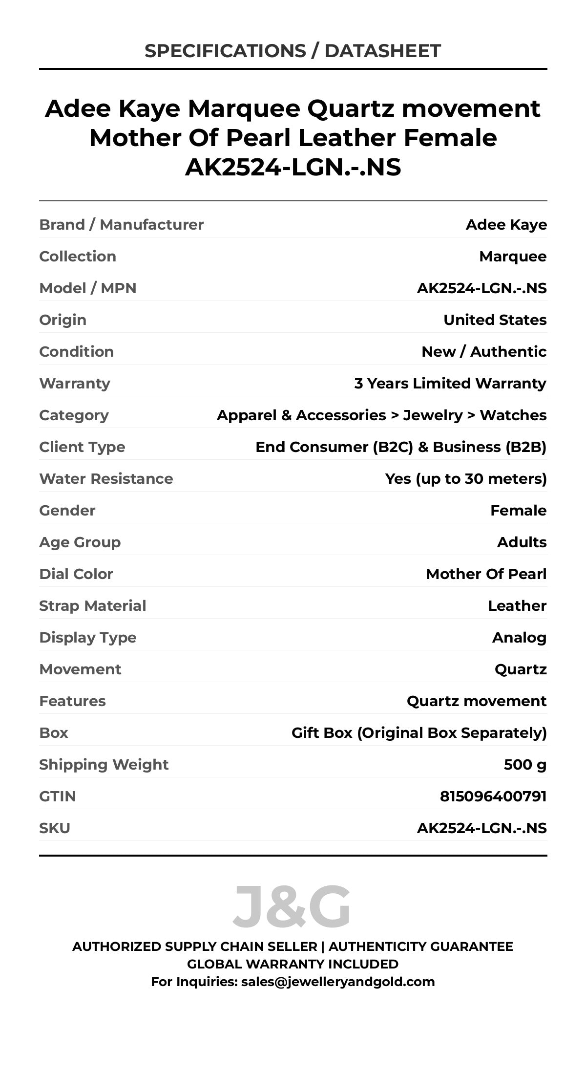 Adee Kaye Marquee Quartz movement Mother Of Pearl Leather Female AK2524-LGN.-.NS - Specifications