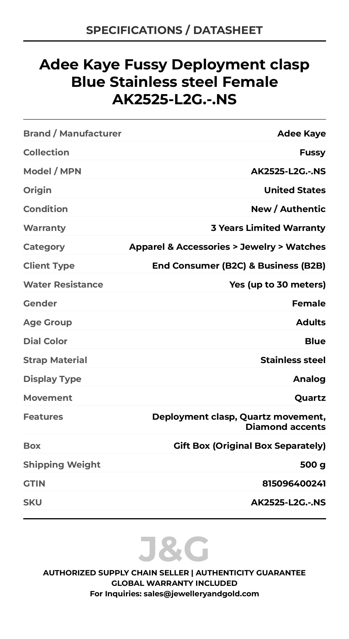 Adee Kaye Fussy Deployment clasp Blue Stainless steel Female AK2525-L2G.-.NS - Specifications