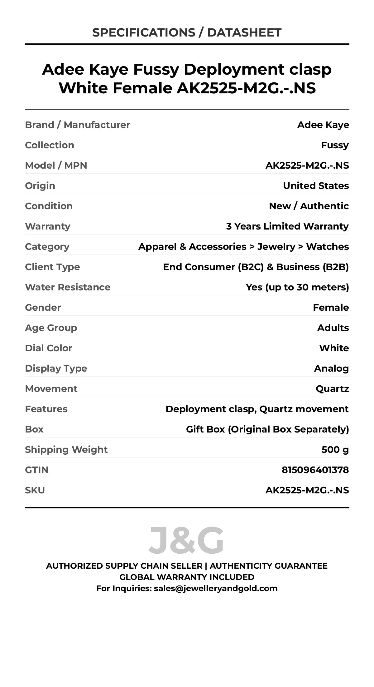 Adee Kaye Fussy Deployment clasp White Female AK2525-M2G.-.NS - Specifications