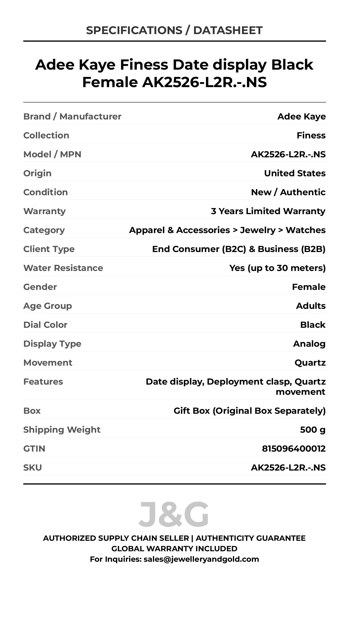 Adee Kaye Finess Date display Black Female AK2526-L2R.-.NS - Specifications