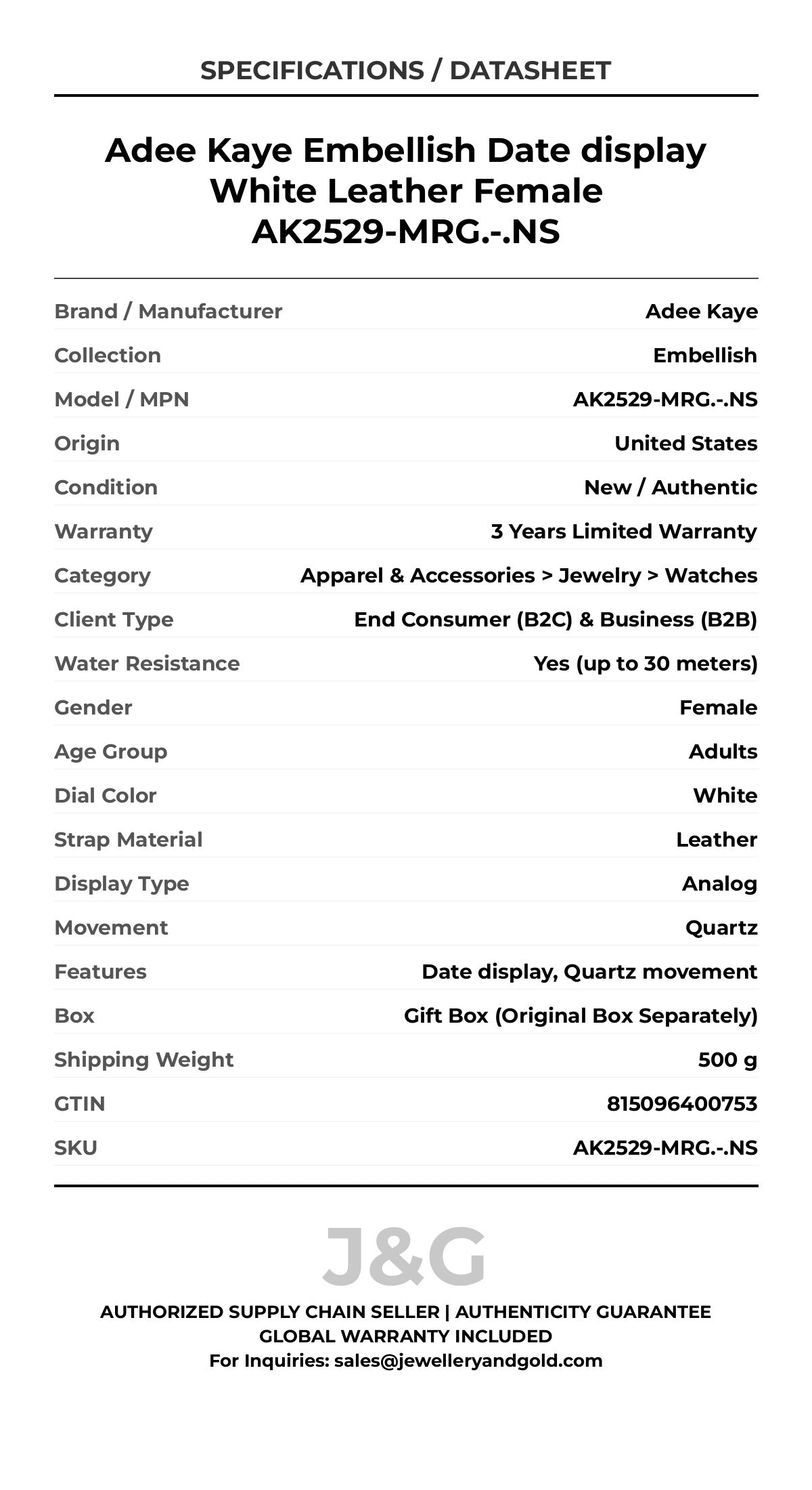 Adee Kaye Embellish Date display White Leather Female AK2529-MRG.-.NS - Specifications