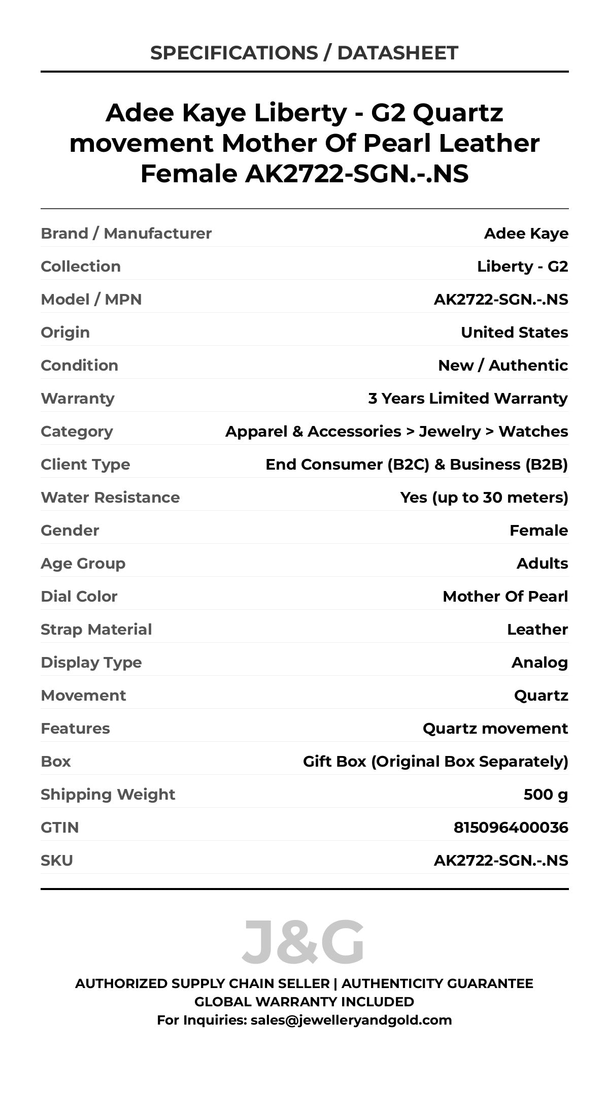 Adee Kaye Liberty - G2 Quartz movement Mother Of Pearl Leather Female AK2722-SGN.-.NS - Specifications