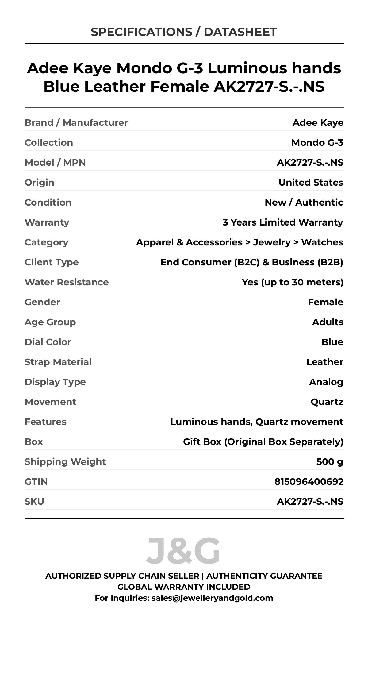 Adee Kaye Mondo G-3 Luminous hands Blue Leather Female AK2727-S.-.NS - Specifications