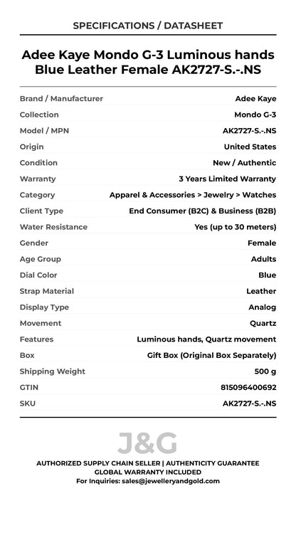 Adee Kaye Mondo G-3 Luminous hands Blue Leather Female AK2727-S.-.NS - Specifications