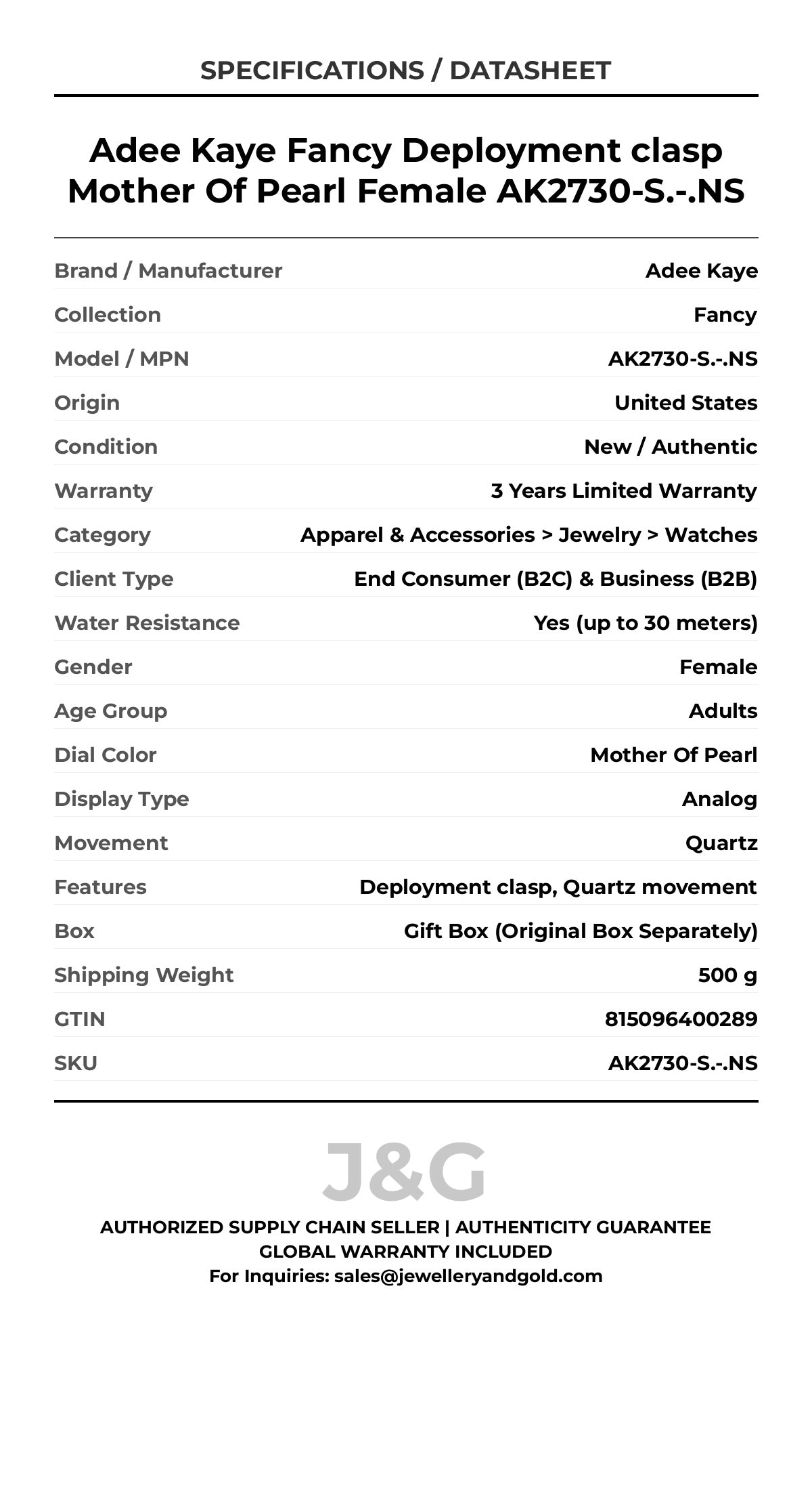 Adee Kaye Fancy Deployment clasp Mother Of Pearl Female AK2730-S.-.NS - Specifications