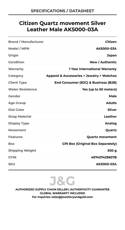 Citizen Quartz movement Silver Leather Male AK5000-03A - Specifications