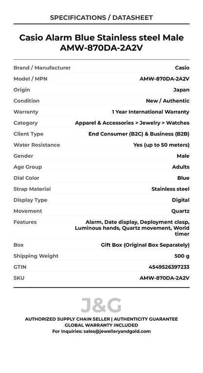 Casio Alarm Blue Stainless steel Male AMW-870DA-2A2V - Specifications