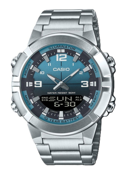 Casio Alarm Blue Stainless steel Male AMW-870DA-2A2V. A brand-new Casio watch featuring a Blue dial and a Stainless steel strap. Angled view.