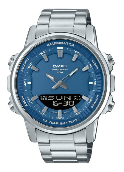 Casio Quartz movement Blue Stainless steel Male AMW-880D-2A1V. A brand-new Casio watch featuring a Blue dial and a Stainless steel strap. Front view.
