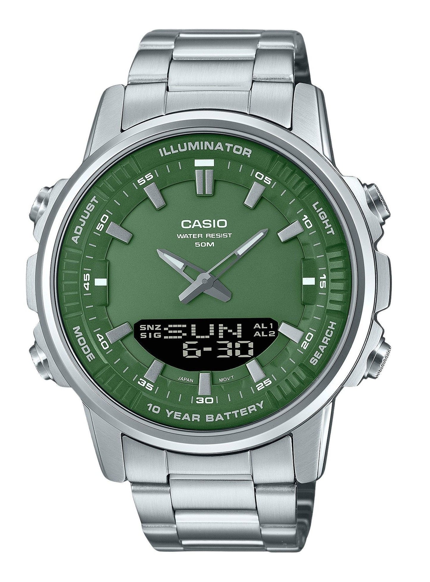 Casio Quartz movement Green Stainless steel Male AMW-880D-3AV. A brand-new Casio watch featuring a Green dial and a Stainless steel strap. Front view.