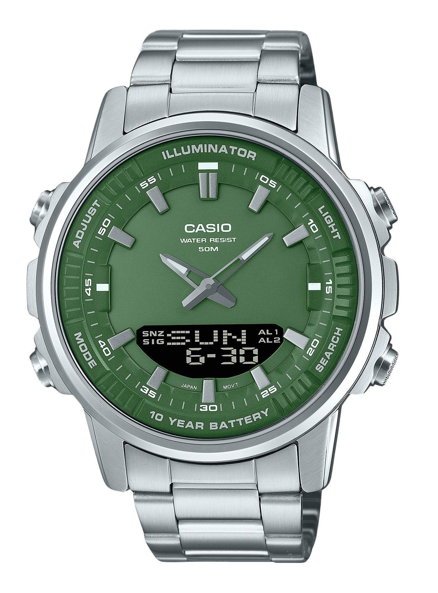 Casio Quartz movement Green Stainless steel Male AMW-880D-3AV. A brand-new Casio watch featuring a Green dial and a Stainless steel strap. Front view.