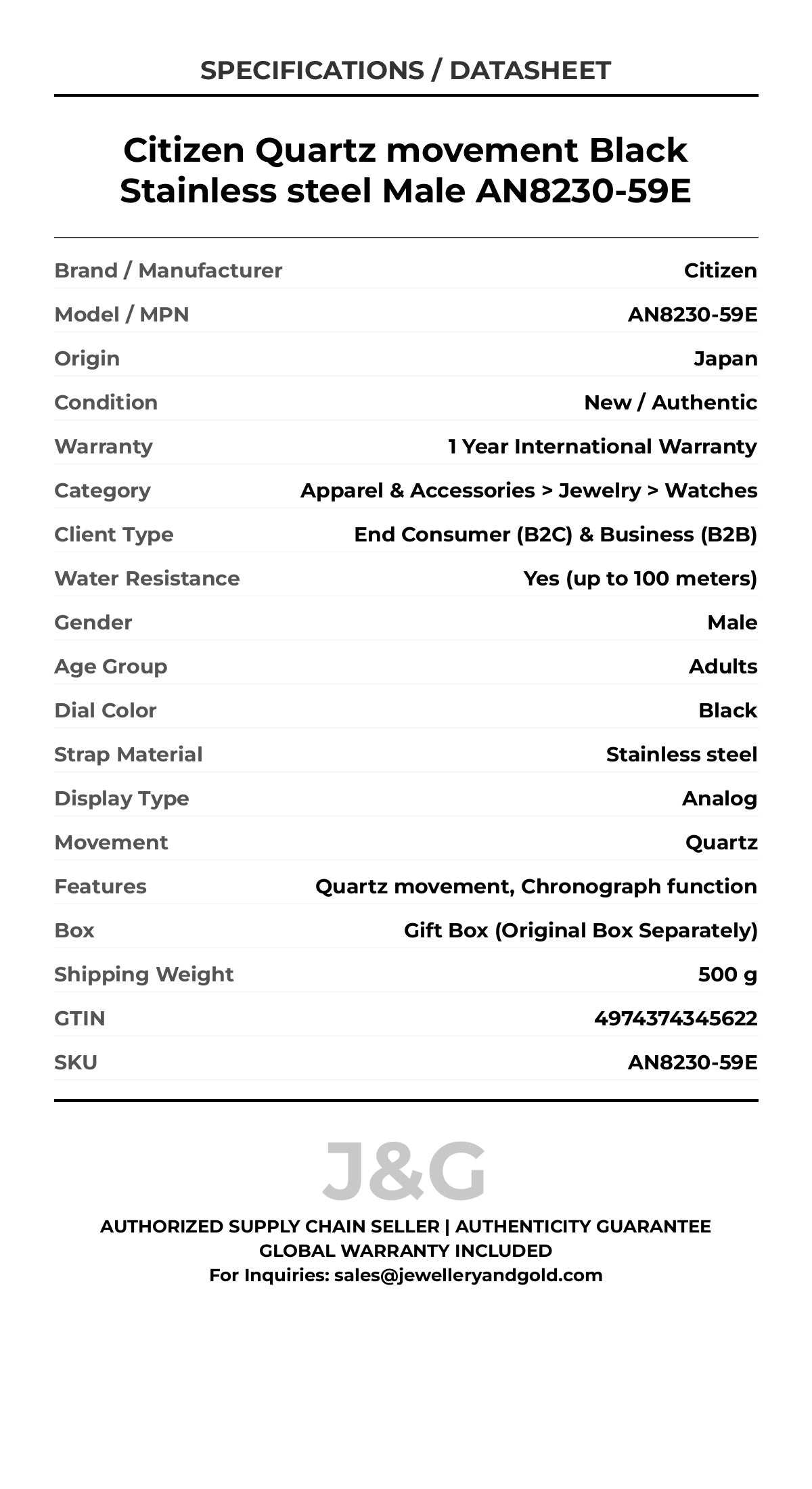 Citizen Quartz movement Black Stainless steel Male AN8230-59E - Specifications