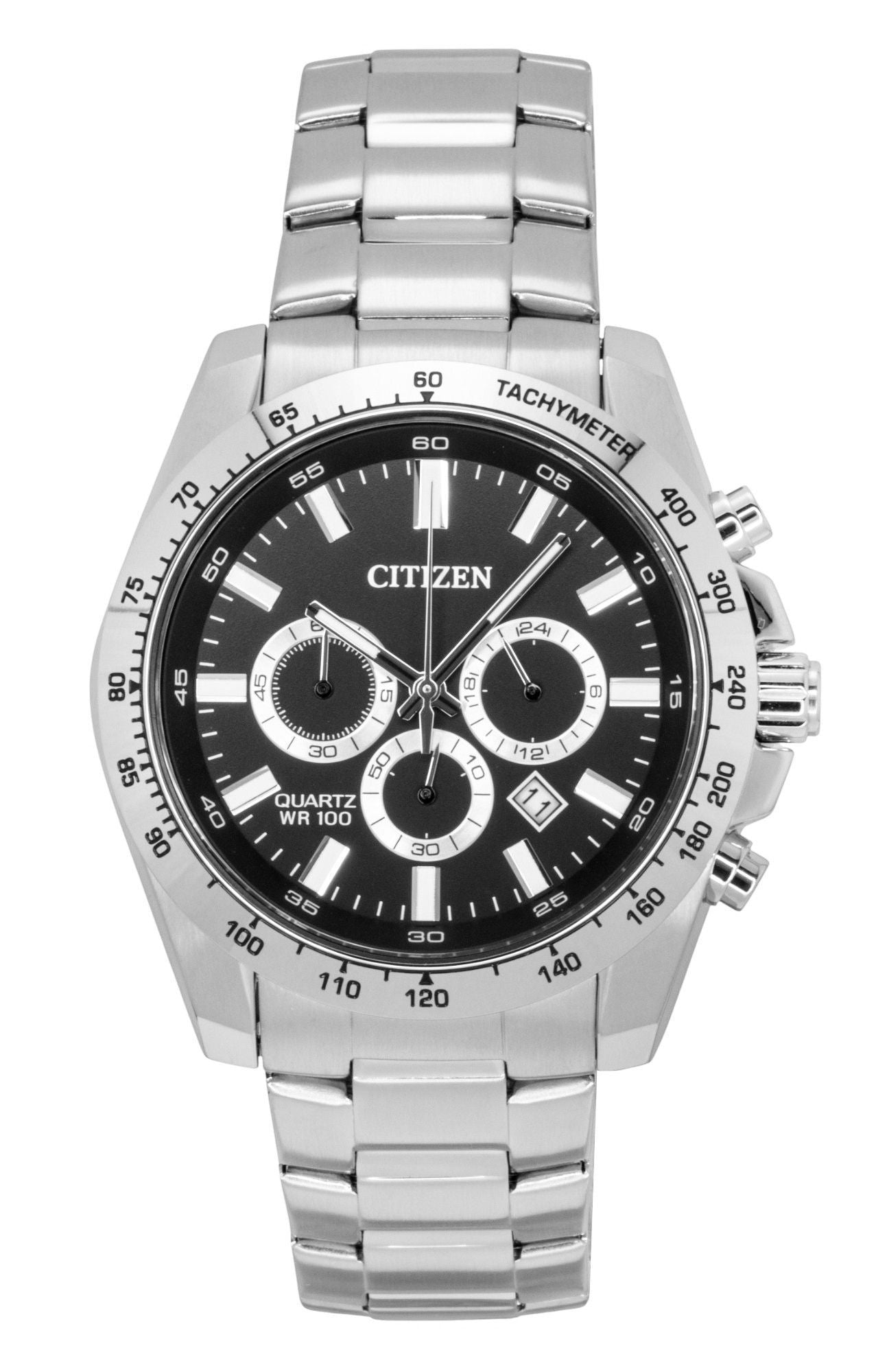 Citizen Quartz movement Black Stainless steel Male AN8230-59E. A brand-new Citizen watch featuring a Black dial and a Stainless steel strap. Front view.
