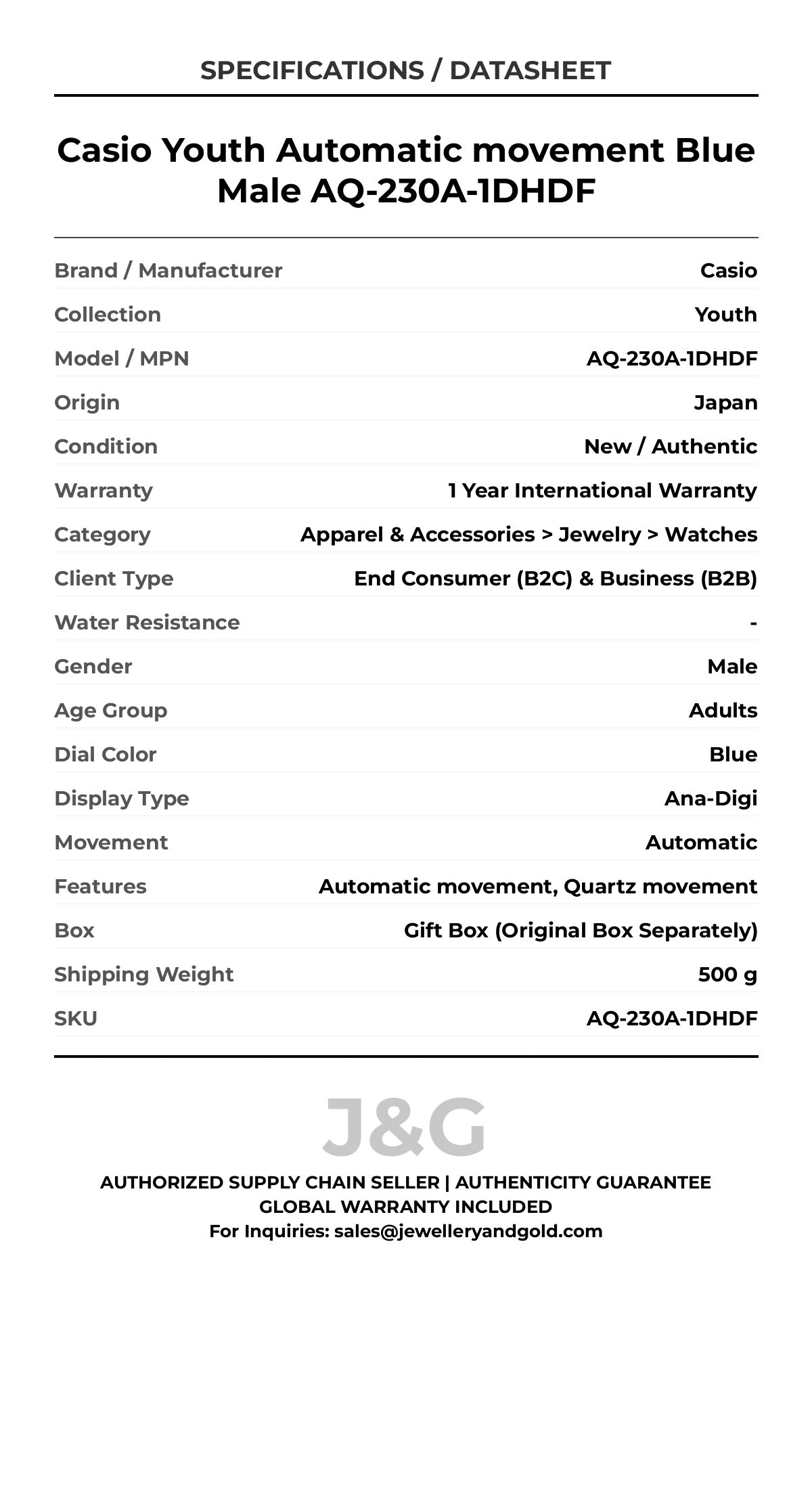 Casio Youth Automatic movement Blue Male AQ-230A-1DHDF - Specifications