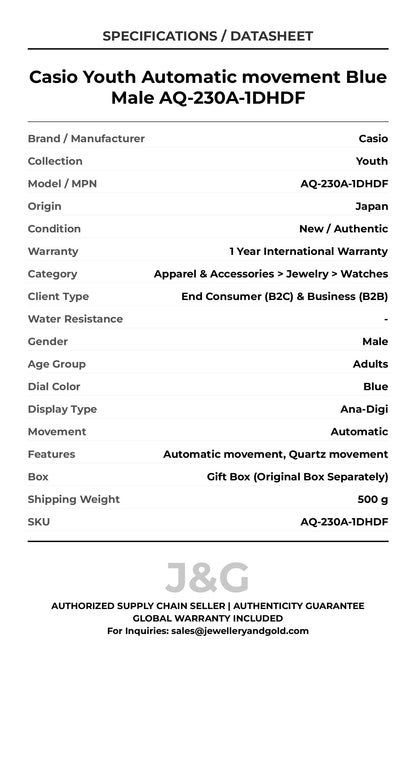 Casio Youth Automatic movement Blue Male AQ-230A-1DHDF - Specifications