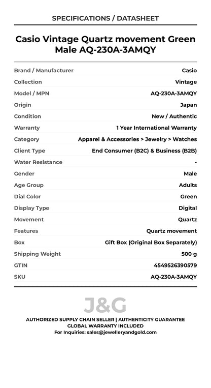 Casio Vintage Quartz movement Green Male AQ-230A-3AMQY - Specifications