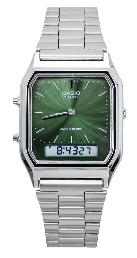 Casio Vintage Quartz movement Green Male AQ-230A-3AMQY. A brand-new Casio Vintage watch featuring a Green dial. Side view.