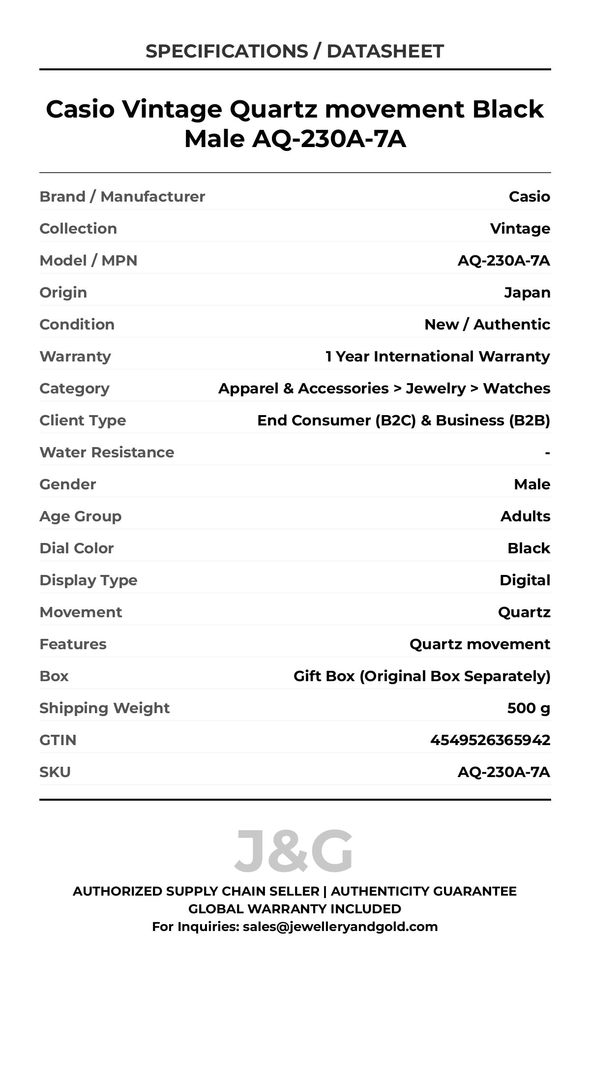 Casio Vintage Quartz movement Black Male AQ-230A-7A - Specifications